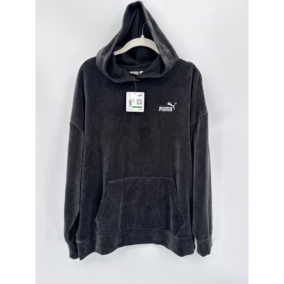 PUMA Essentials Elevated Velour Hoodie Black Women’s Size L— Cozy Lounge Staple - Picture 3 of 7